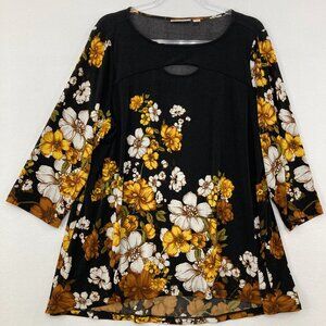 Susan Graver size XL Black Brown Floral Keyhole Stretch Liquid Knit Blouse